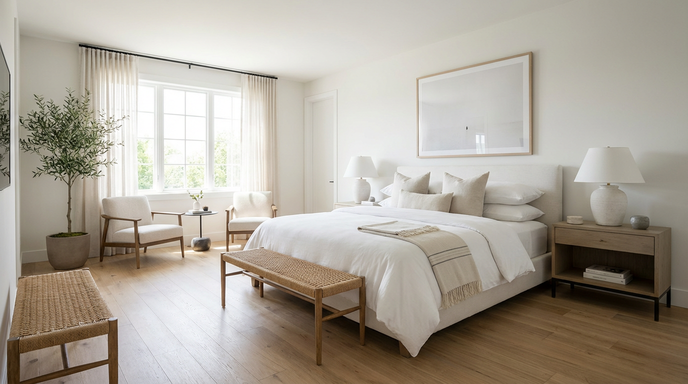 Beautifully cleaned and staged Airbnb rental with pristine bedroom and fresh linens - Winnipeg vacation rental cleaning