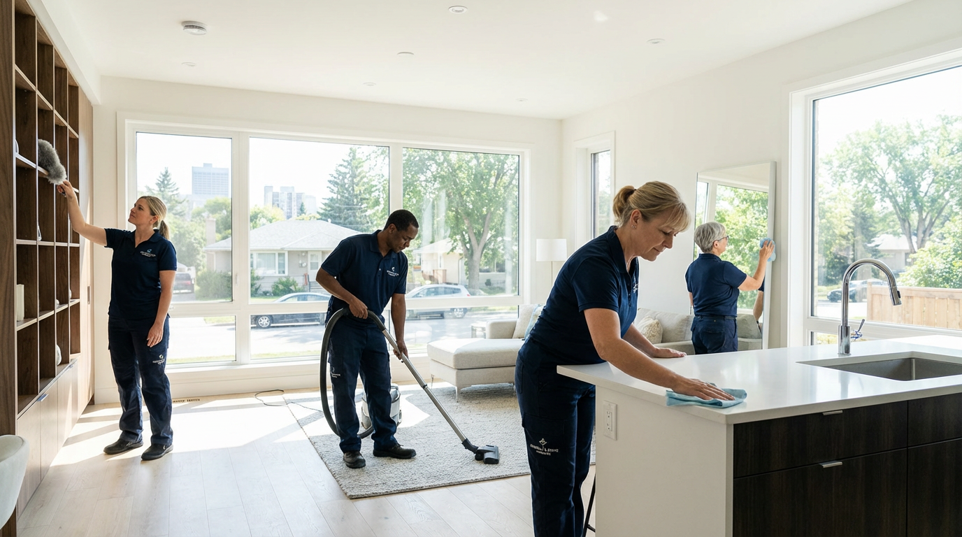 Professional cleaning team in branded uniforms working in modern Winnipeg home - Best cleaning services 2024