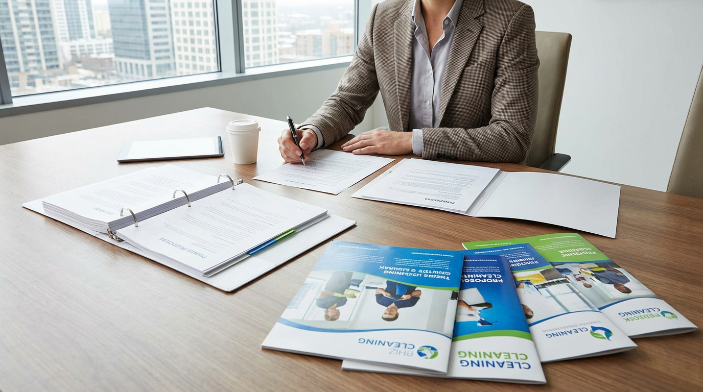 Business owner reviewing office cleaning service proposals and contracts - Choosing office cleaning Winnipeg