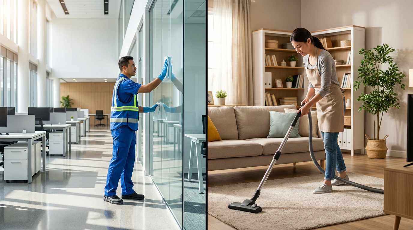 Split scene showing commercial office cleaning and residential home cleaning services in Winnipeg