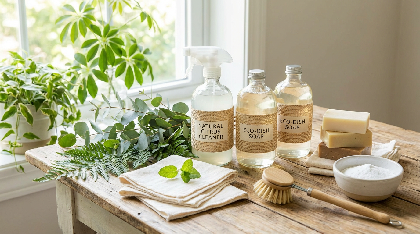 Eco-friendly natural cleaning products with green leaves and sustainable supplies - Green cleaning Winnipeg