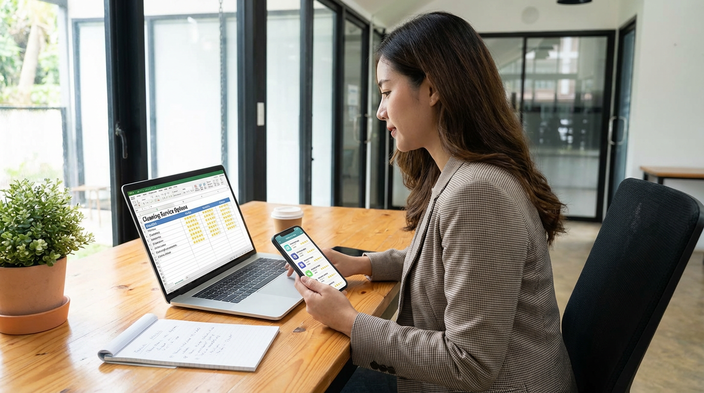 Person comparing cleaning service options on laptop with rating stars - How to choose cleaning company in Winnipeg