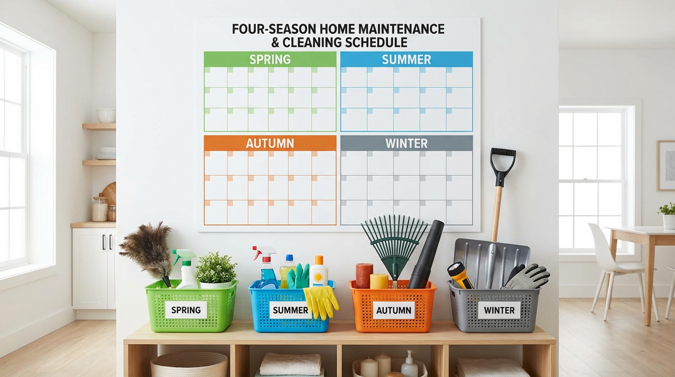 Four-season home maintenance calendar with seasonal cleaning supplies and organization - Year-round cleaning checklist
