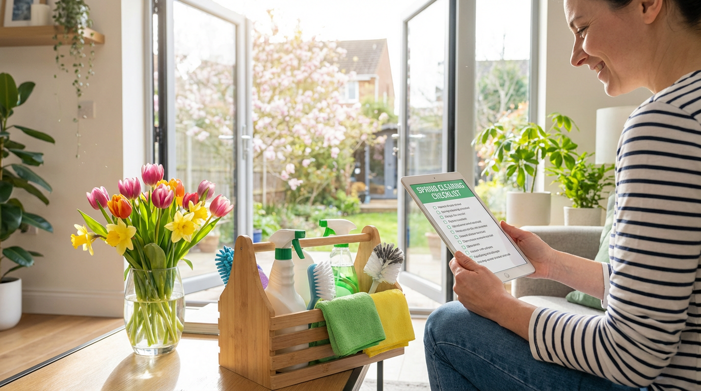 Person following spring cleaning checklist on tablet with organized supplies and fresh flowers - Winnipeg spring cleaning 2025