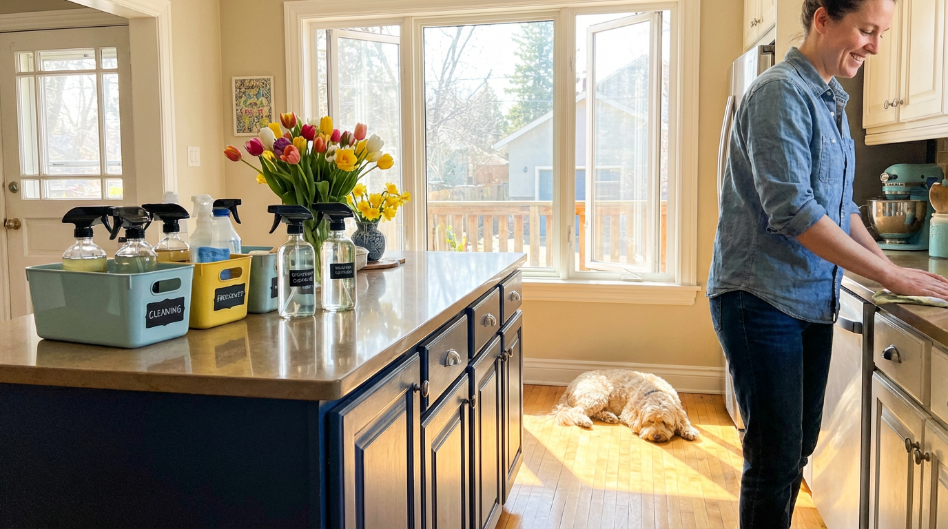 Bright spring cleaning scene with open windows, sunlight, and organized cleaning supplies in Winnipeg home