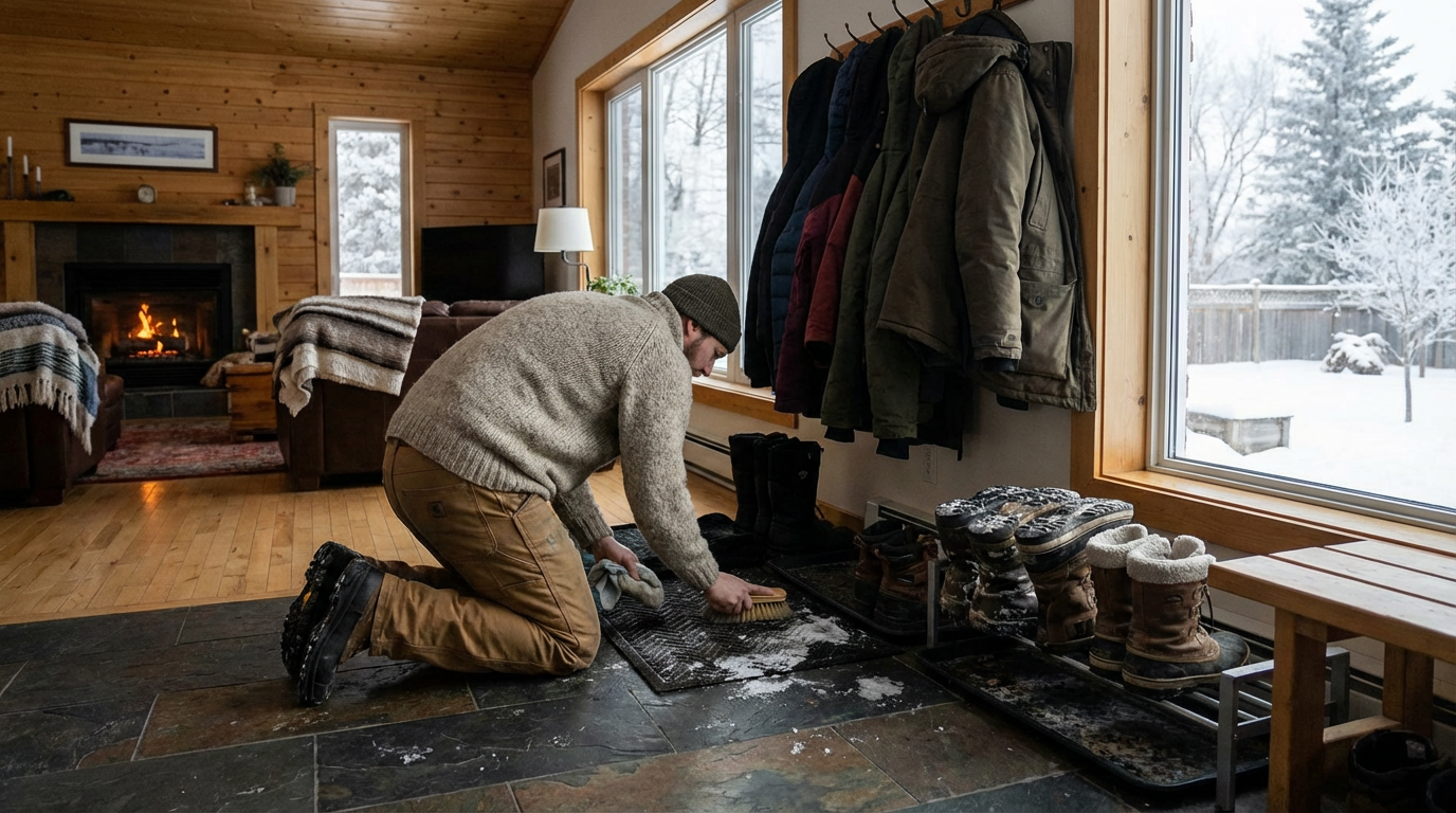 Manitoba winter home cleaning with person removing snow and salt stains from entryway - Winter cleaning tips
